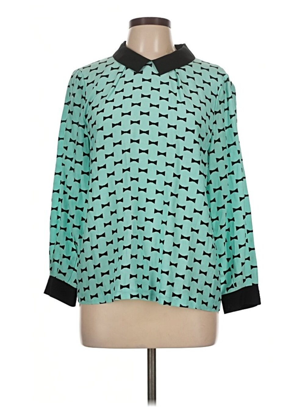 Kate Spade Mint Green Bow Print Collared Silk Blend Blouse Women’s Size 10 - Picture 3 of 7